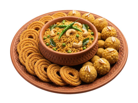 Assorted Indian festival snacks and sweets on clay platter cutout