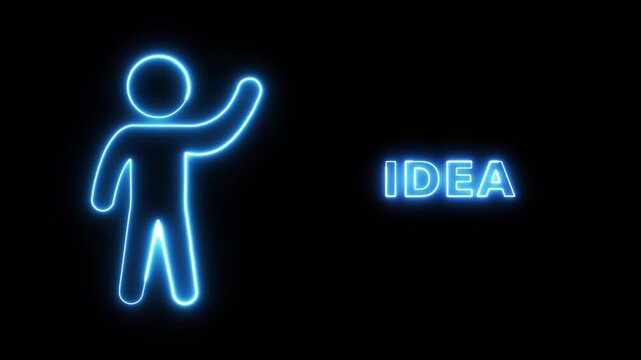 Neon blue glowing stick figure person raising a hand next to the word IDEA representing creative thinking and problem solving concepts