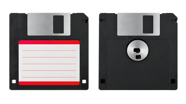 Two black 3.5 inch floppy disks display front and back views against a white background. One diskette features a blank white paper label with red borders for text. Vector storage icon set.