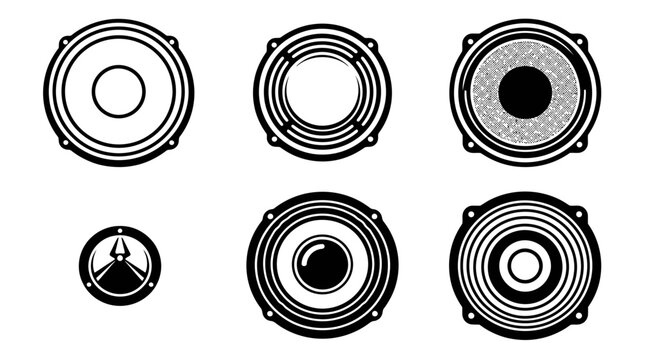 Audio speaker icons and woofer drivers are displayed in a clean graphic set on a white background.