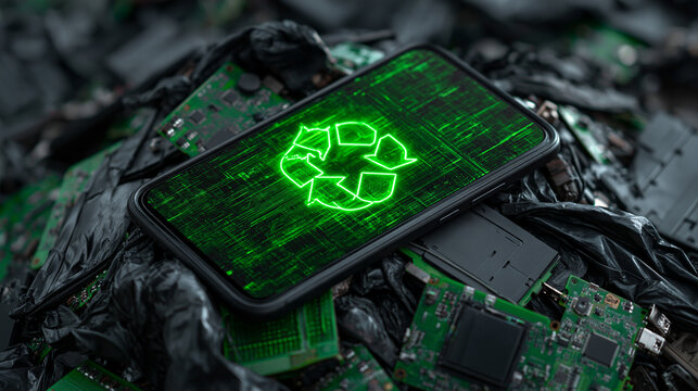 Smartphone displaying a glowing green recycling symbol on a background of electronic waste. Concept for sustainable technology and circular economy initiatives.