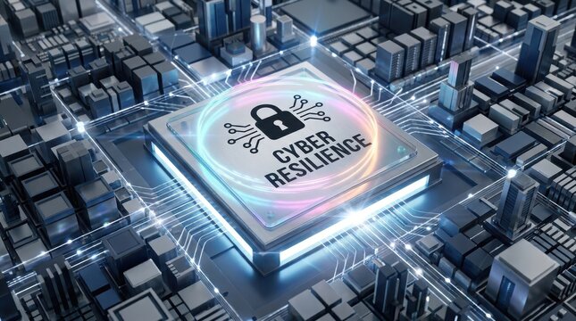 Microchip processor with cyber resilience text and padlock icon represents secure hardware and data safety.