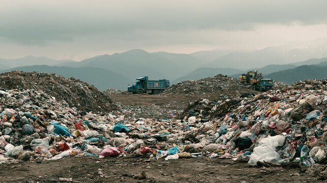 A massive landfill filled with heaps of trash and dump trucks under a cloudy sky. Ideal for environmental pollution concepts.