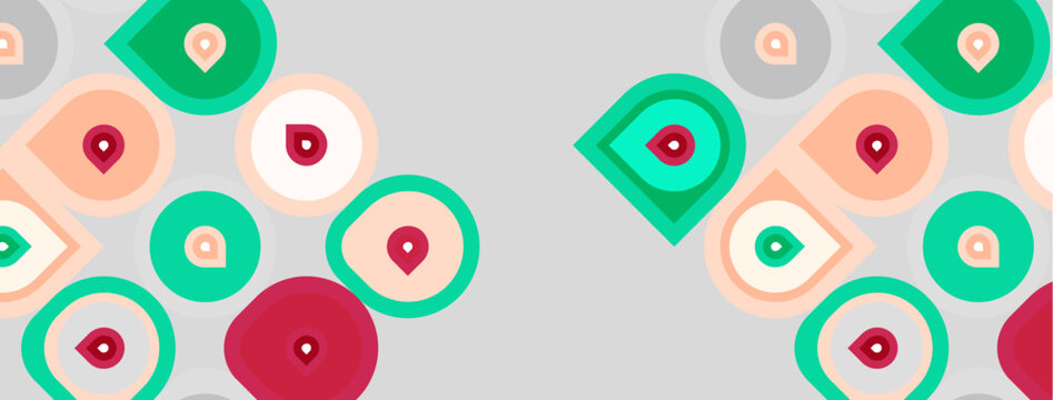 Abstract pattern features colorful circles, squares. Shapes overlap creating dynamic visual texture. Minimalist design, light background.