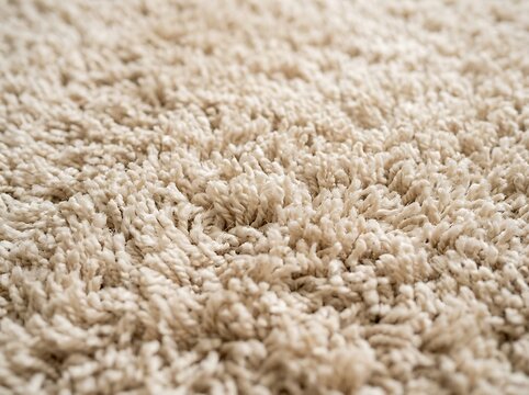 Close-up view of plush beige shaggy carpet texture with soft fluffy fibers