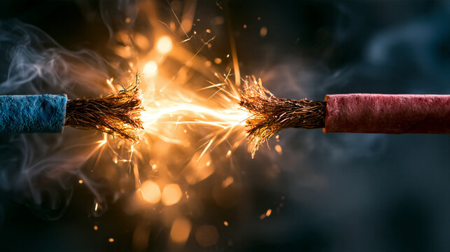 Two frayed electrical wires sparking and smoking on a dark background. Concept for electrical hazard, power failure, or energy crisis.