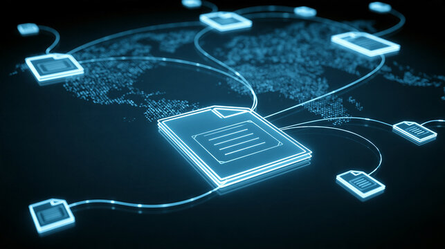 Glowing digital file icons connected in a global network with blue light on a dark background. Data transfer concept for technology and cloud storage ads.