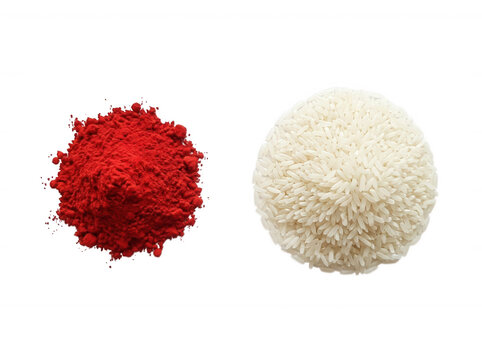 Kumkum powder and white rice grains isolated on transparent background