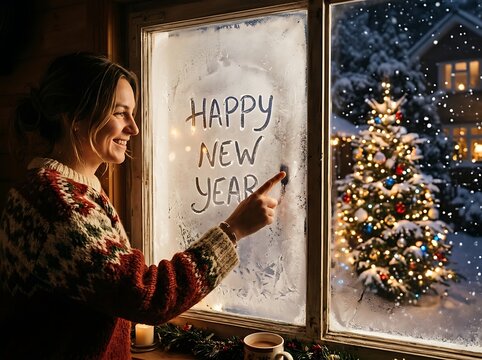 Smiling woman writing happy new year message on frosted window during festive evening with illuminated christmas tree outside