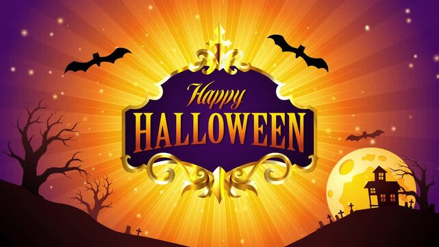 Festive Happy Halloween greeting with flying bats, glowing moon, haunted house, spooky trees and decorative golden rays.