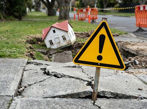 Yellow warning sign indicates ground collapse near residential property during road construction
