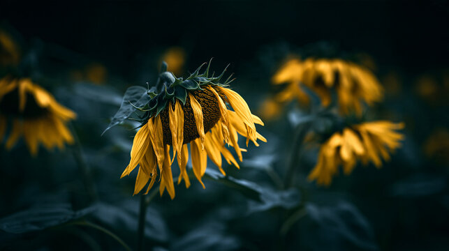 A single drooping sunflower stands in a dark garden. Moody aesthetic perfect for themes of sadness, reflection, or nature decay.