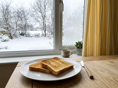 Two slices of toast on white plate viewed through frosted window during winter snowfall
