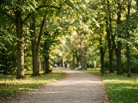 Serene tree-lined pathway inviting walkers in a lush green forest with natural dappled sunlight