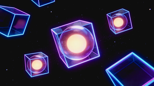 Neon Glowing Cubes with Inner Orbs Floating in Dark Space