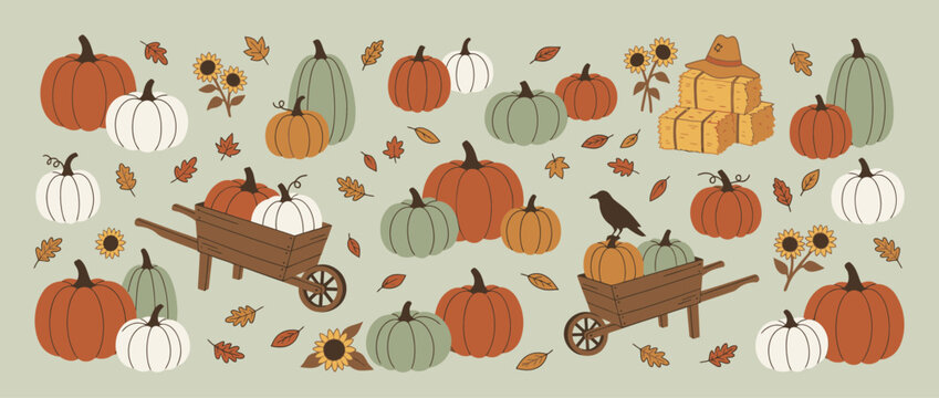 Autumn Harvest Pumpkin Patch and Wheelbarrow Seasonal Graphic Elements