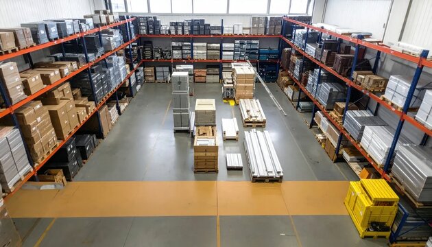 High Angle View of a Modern Warehouse Interior with Racks, Boxes, and Pallets of Goods