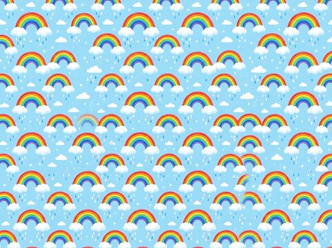 Vibrant rainbow patterns repeating across light blue sky with fluffy white clouds for cheerful design