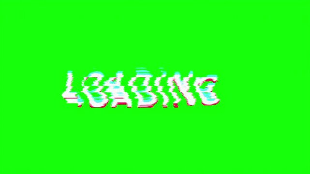 Glitch loading text on green screen background, distorted digital progress bar effect, retro vhs style loading screen for video editing