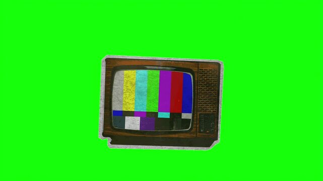 Vintage television with color bars on green screen, retro analog TV set with SMPTE test pattern, old wooden television receiver