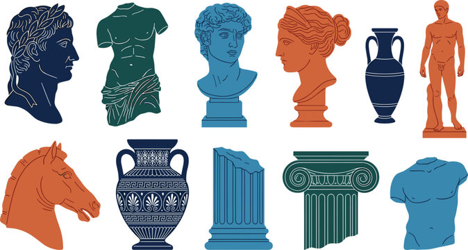 Ancient Greek Roman Sculpture Statues and Classical Column Architecture Vector Set