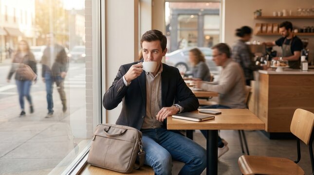 A professional man sits by the window in a busy city coffee shop drinking his morning beverage while working on his business tasks during a break from his daily commute through the urban center