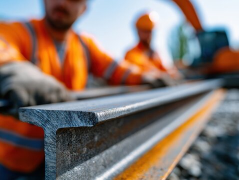 Close-up of construction workers in orange safety gear handling structural steel beams during installation with heavy machinery in the background under bright daylight