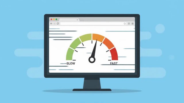 Website speed test with a speedometer on a computer monitor, indicating fast performance.