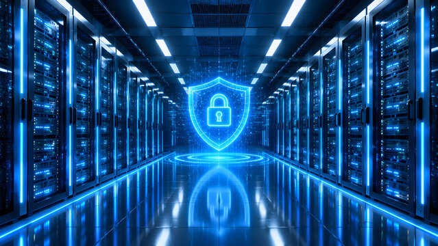A glowing blue padlock shield symbol hovers inside a modern server room corridor. Bright neon lights illuminate data storage racks for cyber safety. Vector cybersecurity concept design.