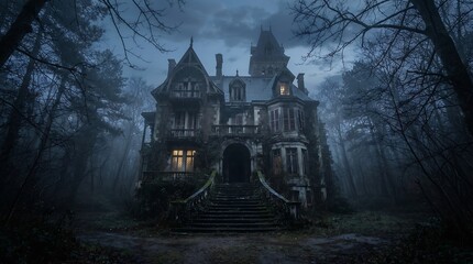 Obraz premium Abandoned gothic mansion looms through dense fog in eerie forest setting with moody lighting