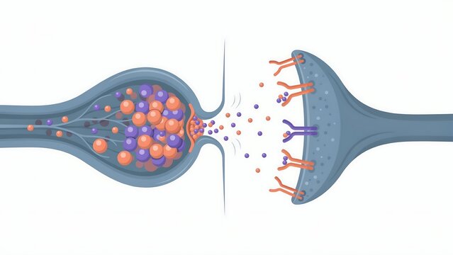 A detailed scientific of a synaptic gap showing neurotransmitter vesicles releasing chemical signals between two neurons on white background.