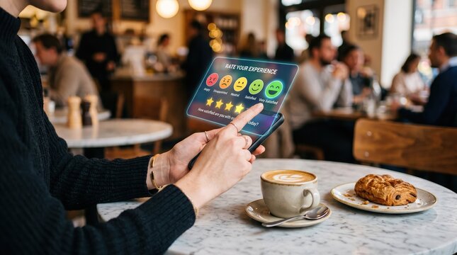 Woman using smartphone with holographic customer satisfaction survey in cafe, rating experience concept, digital feedback interface, user engagement technology, modern lifestyle dining