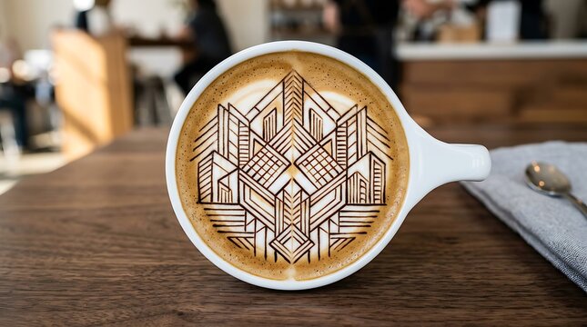 Top-down view of a latte with intricate geometric mandala foam art in a white cup, wooden table, soft caf&eacute; lighting