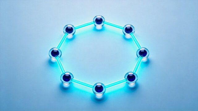 Circular Molecular Structure Model with Glowing Bonds and Spherical Nodes