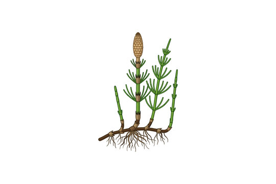 Field Horsetail Plant with Roots and Strobilus