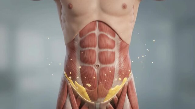 Detailed 3D rendering of human abdominal muscles with highlighted fat layer, illustrating anatomy and body composition.