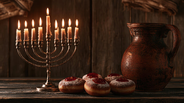 Traditional Hanukkah Menorah with Sufganiyot