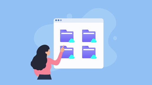 Animated video showing a person organizing digital folders in a cloud file management interface, representing online storage and document organization on a soft blue background.