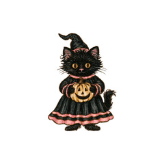 Fototapeta premium Cute Black Cat Witch Holding a Jack O Lantern for Halloween