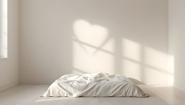 White bed with rumpled sheets in a minimalist room with heart shadow on wall