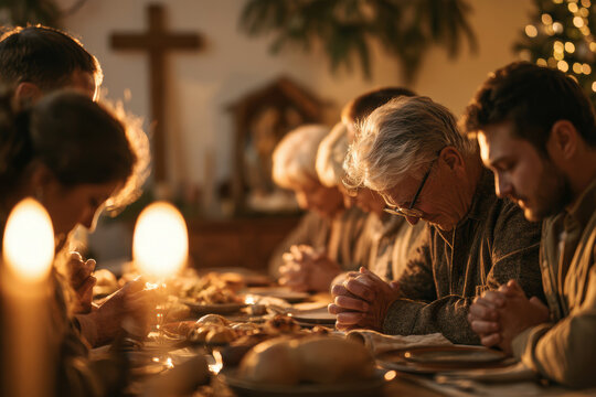 Family Sharing a Quiet Religious Christmas Celebration