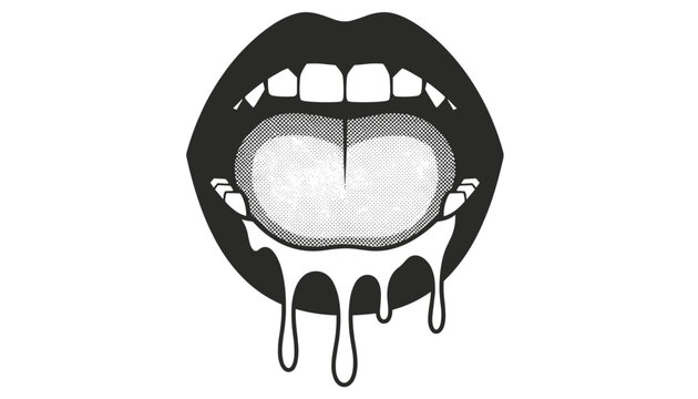 Artistic black and white illustration of an open mouth with a detailed tongue and dripping liquid in a bold, graphic style.