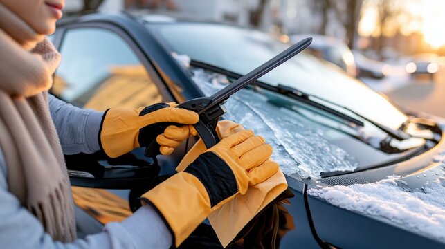 Person carefully removing ice from a vehicles windshield with a cloth.