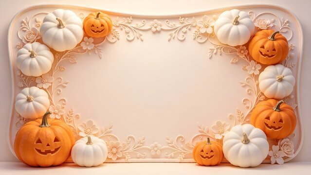 Dreamy halloween horizontal greeting card layout, whimsical white orange jack o lanterns 3d papercut frame, intricate diecut details, soft fairy lighting, copy space, warm pastel ivory background