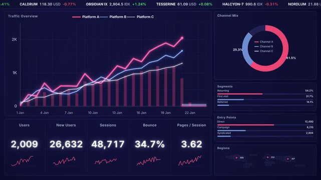 Animated web analytics dashboard, traffic overview line chart growing, donut channel mix, KPI counters and stock ticker bar, marketing data report UI