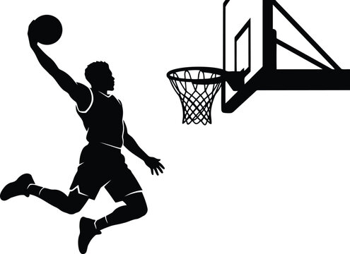 Basketball player dunking silhouette against a white background depicts athletic movement and competition sports