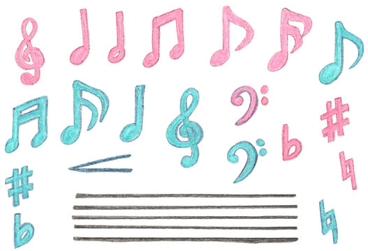 水彩色鉛筆で描いたカラフルな手描き音符と音楽記号セット