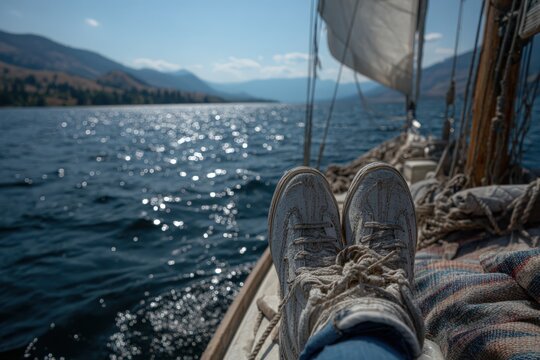 Close-up of worn white sneakers resting on the edge of a sailboat deck with sparkling water and distant mountains under a clear blue sky