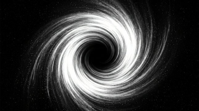 Black and white glowing cosmic black hole vortex spinning in space with swirling star dust