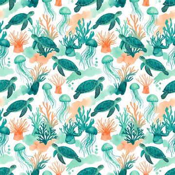 Dense underwater coral reef with sea turtles and jellyfish on white seamless pattern background